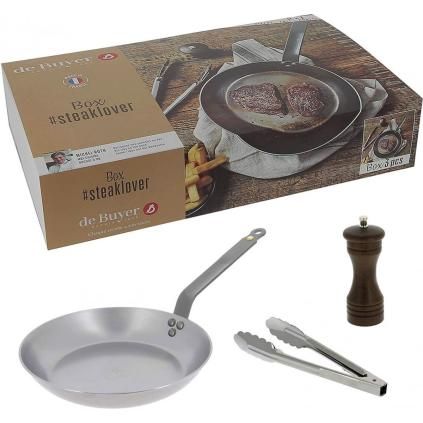 Тиган за пържоли MINERAL B 26 cм, с мелничка за черен пипер и кухненски щипки, de Buyer