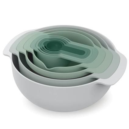 Кухненска купа комплект NEST 40112, 9 бр., с гевгир и мерителни лъжици, сиво / зелено, Joseph Joseph
