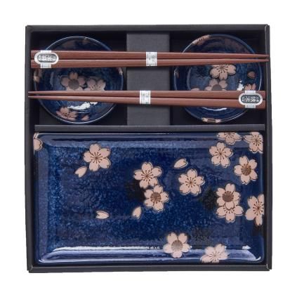 Комплект за суши с пръчици за хранене NAVY WITH PINK SAKURA, 4 бр., MIJ