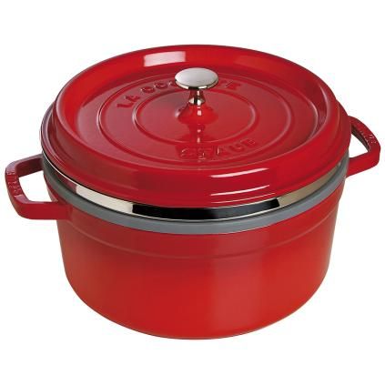 Тенджера за готвене COCOTTE 26 cm, 5,2 l, с вложка за пара, вишнева, чугун, Staub